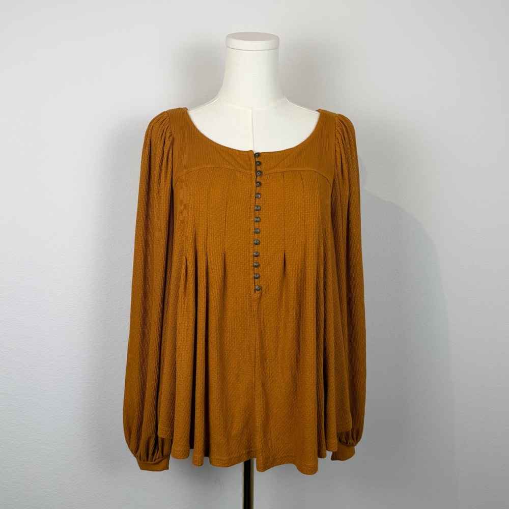 Free People Mustard Button-Front Long Sleeve Peasant Top